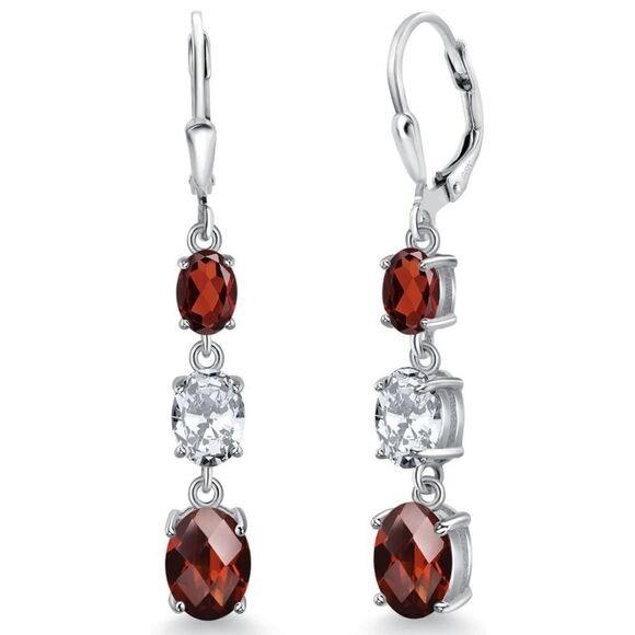 925 Sterling Silver with 7.21 Cttw 3 Stone Garnet and Diamond CZ Drop Earrings